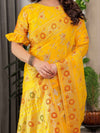 Sunshine Yellow Fendi Satin Floral Block & Foil Printed Saree with Ornamental Border, Tassel Edges & Attached Blouse