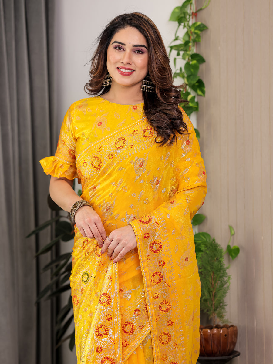 Blush Pink Fendy Chiffon Saree with Foil & Block Prints, Pearl Lace Border & Tassels
