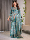 Turquoise Blue Cotton Linen Saree with Peacock Motifs & Zari Border | Floral Pallu | With Blouse