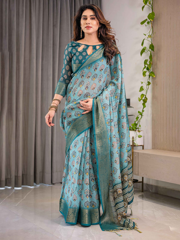 Turquoise Blue Cotton Linen Saree with Peacock Motifs & Zari Border | Floral Pallu | With Blouse