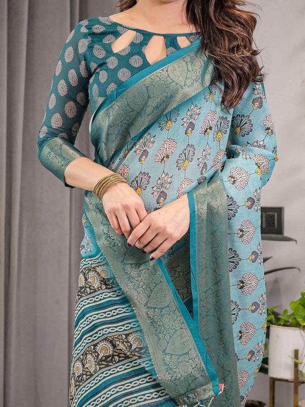 Turquoise Blue Cotton Linen Saree with Peacock Motifs & Zari Border | Floral Pallu | With Blouse