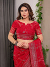 Bridal Red Fendi Satin Floral Block & Foil Printed Saree with Ornamental Border, Tassel Edges & Attached Blouse