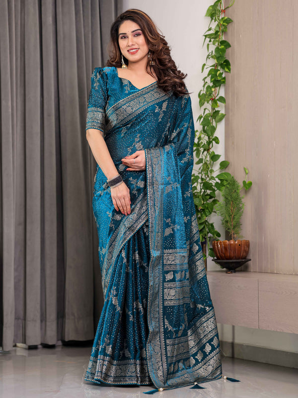 Teal Blue Fendi Satin Floral Block & Foil Printed Saree with Ornamental Border, Tassel Edges & Attached Blouse