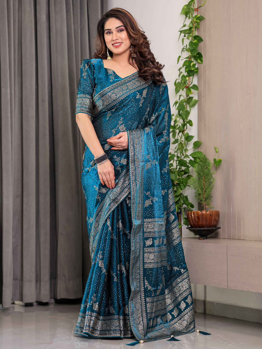 Teal Blue Fendi Satin Floral Block & Foil Printed Saree with Ornamental Border, Tassel Edges & Attached Blouse