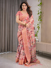 Peach Pink Cotton Linen Saree with Zari Border & Tribal Pallu | Floral Print | With Blouse