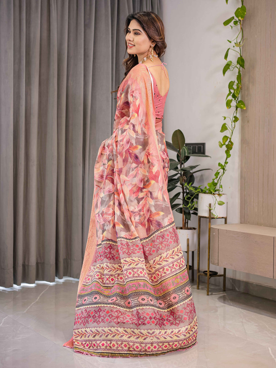 Peach Pink Cotton Linen Saree with Zari Border & Tribal Pallu | Floral Print | With Blouse
