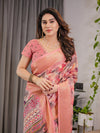 Peach Pink Cotton Linen Saree with Zari Border & Tribal Pallu | Floral Print | With Blouse