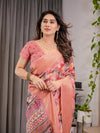 Peach Pink Cotton Linen Saree with Zari Border & Tribal Pallu | Floral Print | With Blouse