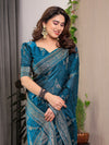 Teal Blue Fendi Satin Floral Block & Foil Printed Saree with Ornamental Border, Tassel Edges & Attached Blouse