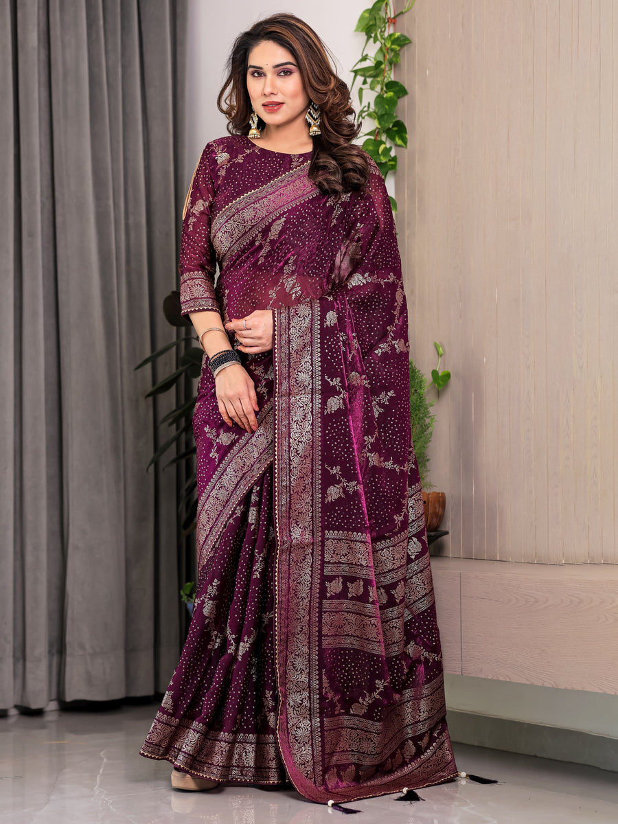 Wine Purple Fendi Satin Floral Block & Foil Printed Saree with Ornamental Border, Tassel Edges & Attached Blouse