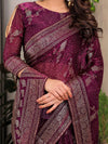 Wine Purple Fendi Satin Floral Block & Foil Printed Saree with Ornamental Border, Tassel Edges & Attached Blouse