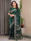 Bottle Green Fendi Satin Floral Block & Foil Printed Saree with Ornamental Border, Tassel Edges & Attached Blouse
