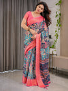 Vibrant Multicolor Cotton Linen Saree with Boho Patchwork Print & Zari Border | Festive Ethnic Wear | With Blouse