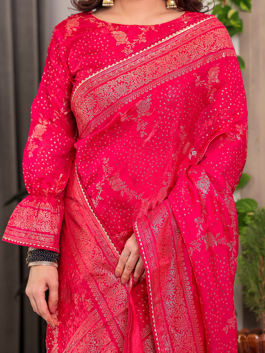 Rani Pink Fendi Satin Floral Block & Foil Printed Saree with Ornamental Border, Tassel Edges & Attached Blouse