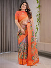 Vibrant Orange Cotton Linen Saree with Tribal Art Pallu & Zari Border | Festival Print | With Blouse