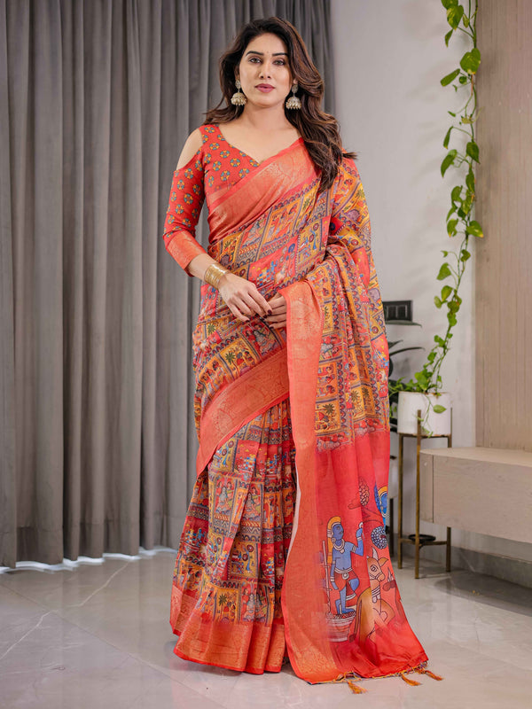 Rust Red Cotton Linen Saree with Madhubani Folk Art Pallu & Zari Border | Ethnic Digital Print | With Blouse Piece