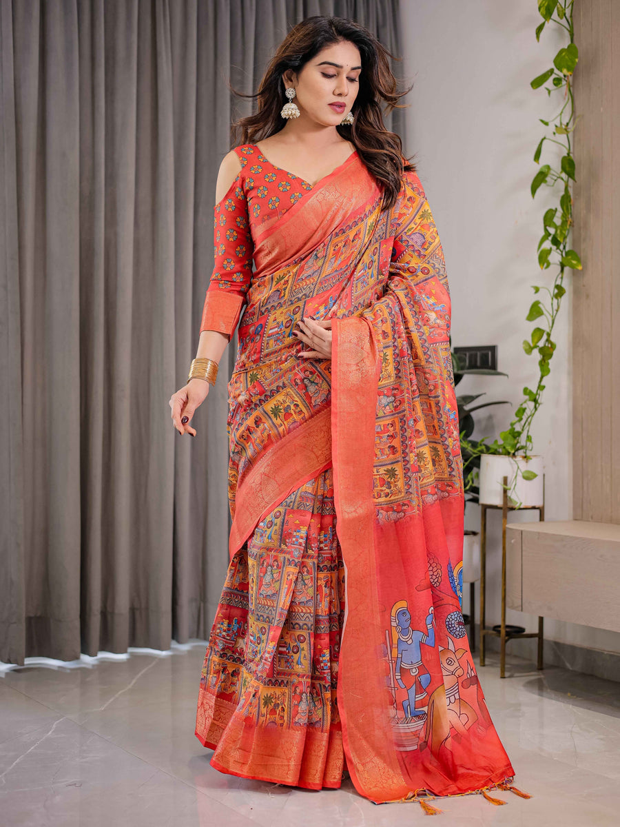 Rust Red Cotton Linen Saree with Madhubani Folk Art Pallu & Zari Border | Ethnic Digital Print | With Blouse Piece