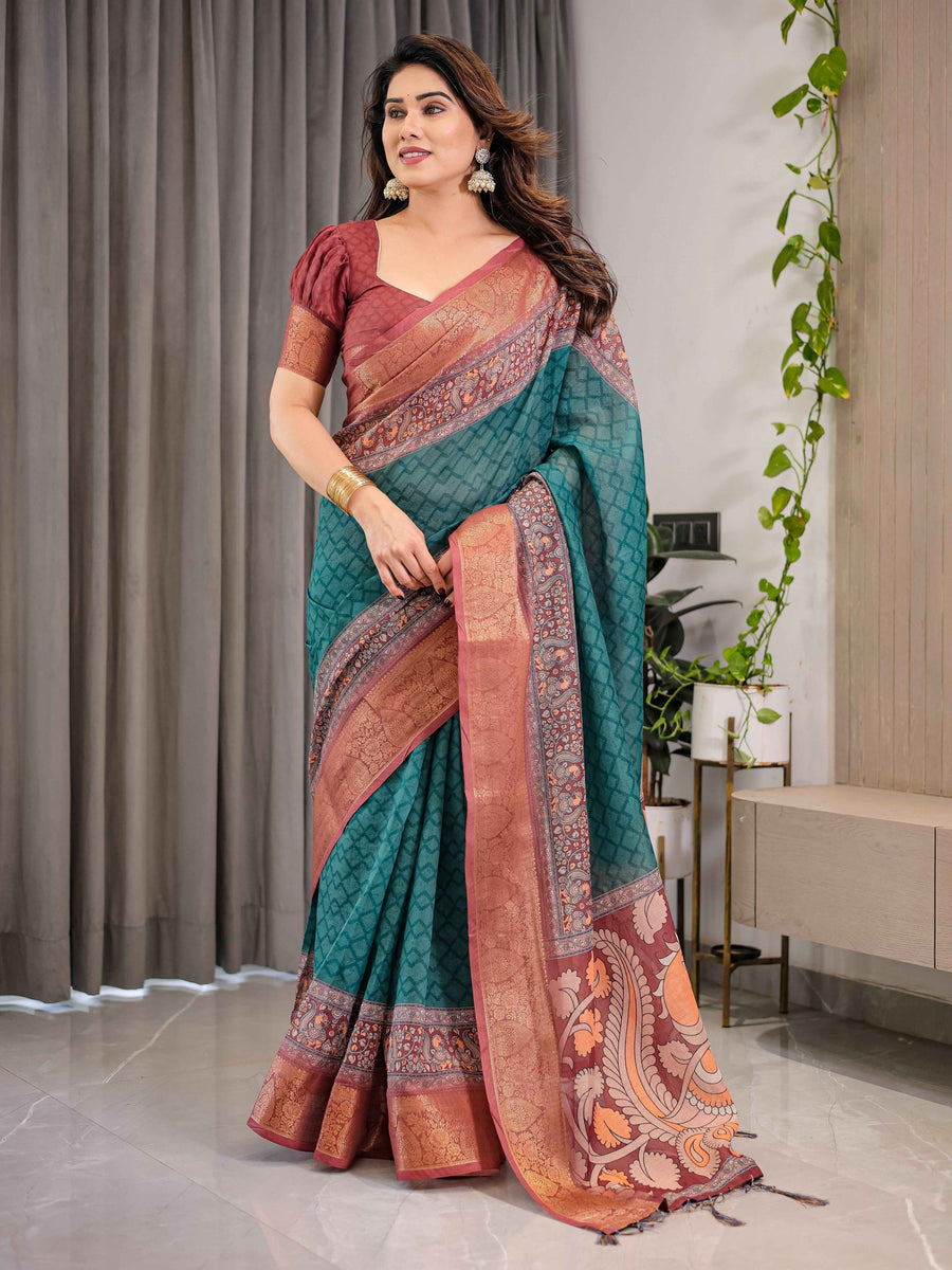 Teal Green Cotton Linen Saree with Rust Zari Border & Peacock Pallu | Ethnic Print | With Blouse