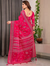Rani Pink Fendi Satin Leafy Floral Block & Foil Printed Saree with Ornamental Border, Tassel Edges & Attached Blouse