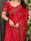Crimson Red Fendi Satin Leafy Floral Block & Foil Printed Saree with Ornamental Border, Tassel Edges & Attached Blouse