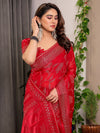 Crimson Red Fendi Satin Leafy Floral Block & Foil Printed Saree with Ornamental Border, Tassel Edges & Attached Blouse