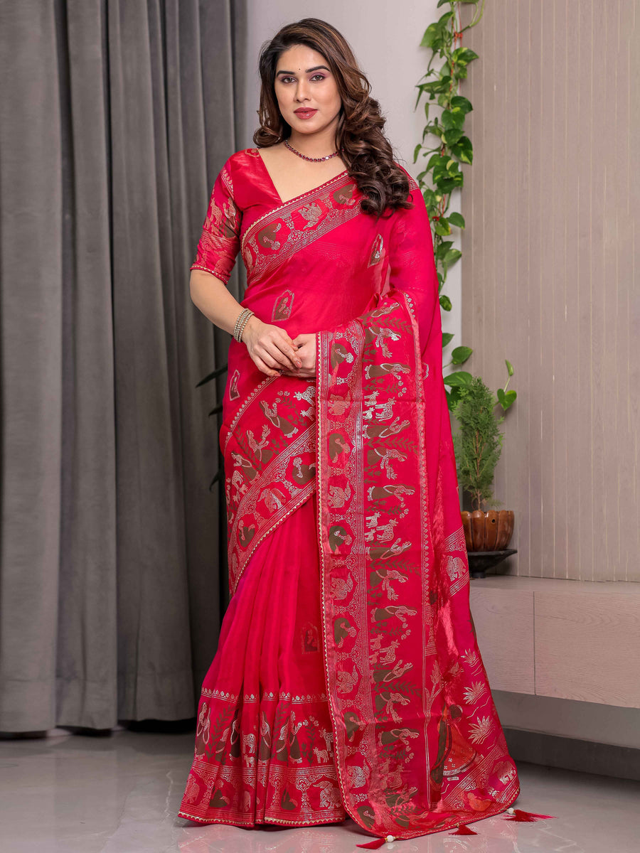Royal Rani Pink Fendi Satin Peacock & Floral Block and Foil Printed Saree with Traditional Border, Tassel Edges & Attached Blouse