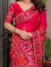Royal Rani Pink Fendi Satin Peacock & Floral Block and Foil Printed Saree with Traditional Border, Tassel Edges & Attached Blouse