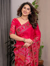 Royal Rani Pink Fendi Satin Peacock & Floral Block and Foil Printed Saree with Traditional Border, Tassel Edges & Attached Blouse