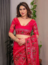 Royal Rani Pink Fendi Satin Peacock & Floral Block and Foil Printed Saree with Traditional Border, Tassel Edges & Attached Blouse