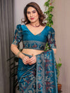 Peacock Teal Blue Fendi Satin Peacock & Floral Block and Foil Printed Saree with Traditional Border, Tassel Edges & Attached Blouse