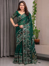 Emerald Green Fendi Satin Peacock & Heritage Motif Block and Foil Printed Saree with Traditional Border, Tassel Edges & Attached Blouse