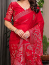 Ruby Red Fendi Satin Block & Foil Print Saree with Attached Blouse & Tassel Detailing