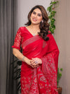 Ruby Red Fendi Satin Block & Foil Print Saree with Attached Blouse & Tassel Detailing