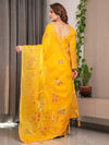 Sunshine Yellow Fendi Satin Block & Foil Print Saree with Attached Blouse & Tassel Detailing