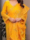 Sunshine Yellow Fendi Satin Block & Foil Print Saree with Attached Blouse & Tassel Detailing