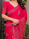 Rani Pink Fendi Satin Block & Foil Print Saree with Attached Blouse & Tassel Detailing