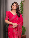 Rani Pink Fendi Satin Block & Foil Print Saree with Attached Blouse & Tassel Detailing
