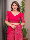 Rani Pink Fendi Satin Block & Foil Print Saree with Attached Blouse & Tassel Detailing
