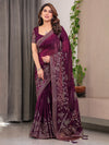 Wine Purple Fendi Satin Block & Foil Print Saree with Attached Blouse & Tassel Detailing