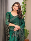 Emerald Green Fendi Satin Block & Foil Print Saree with Attached Blouse & Tassel Detailing