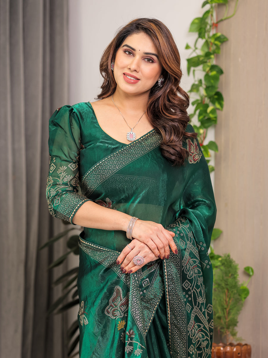 Emerald Green Fendi Satin Block & Foil Print Saree with Attached Blouse & Tassel Detailing