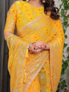 Sunshine Yellow Fendi Satin Block & Foil Print Saree with Attached Blouse & Tassel Detailing