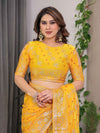 Sunshine Yellow Fendi Satin Block & Foil Print Saree with Attached Blouse & Tassel Detailing