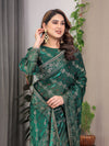 Emerald Green Fendi Satin Block & Foil Print Saree with Attached Blouse & Tassel Finish