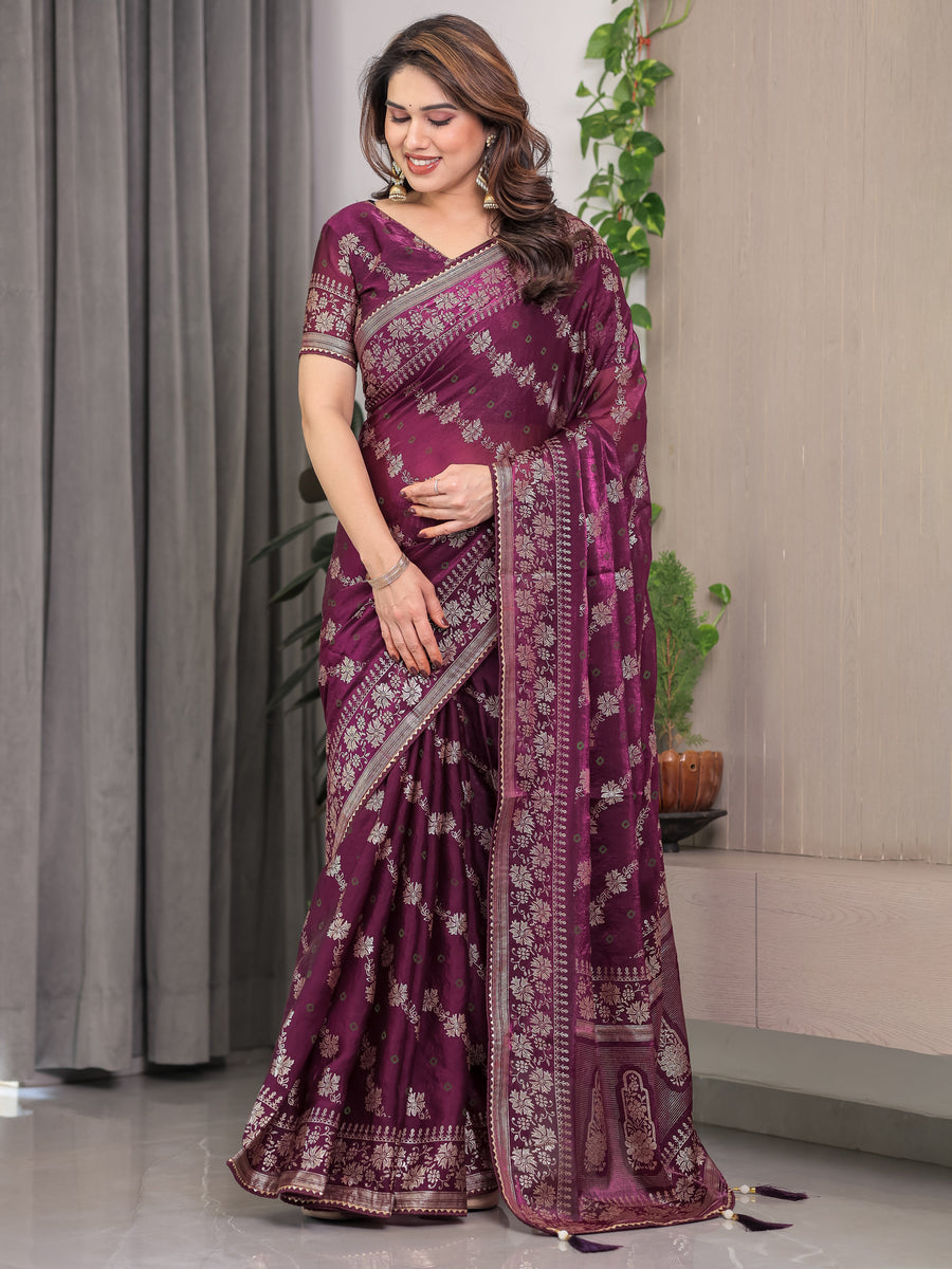 Plum Wine Fendi Satin Block & Foil Print Saree with Floral Motifs, Attached Blouse & Tassel Detailing