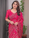 Rani Pink Fendi Satin Block & Foil Print Saree with Floral Motifs, Attached Blouse & Tassel Detailing