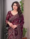 Wine Maroon Fendi Satin Block & Foil Print Saree with Floral Motifs, Attached Blouse & Tassel Pallu