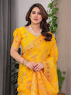 Mustard Yellow Fendi Satin Block & Foil Print Saree with Floral Motifs, Attached Blouse & Tassel Pallu