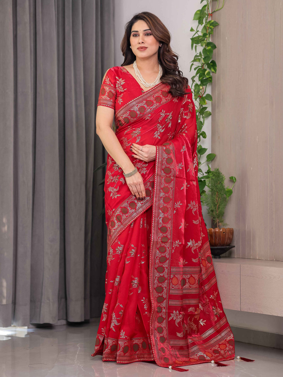 Classic Red Fendi Satin Block & Foil Print Saree with Floral Motifs, Attached Blouse & Tassel Pallu