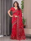 Classic Red Fendi Satin Block & Foil Print Saree with Floral Motifs, Attached Blouse & Tassel Pallu